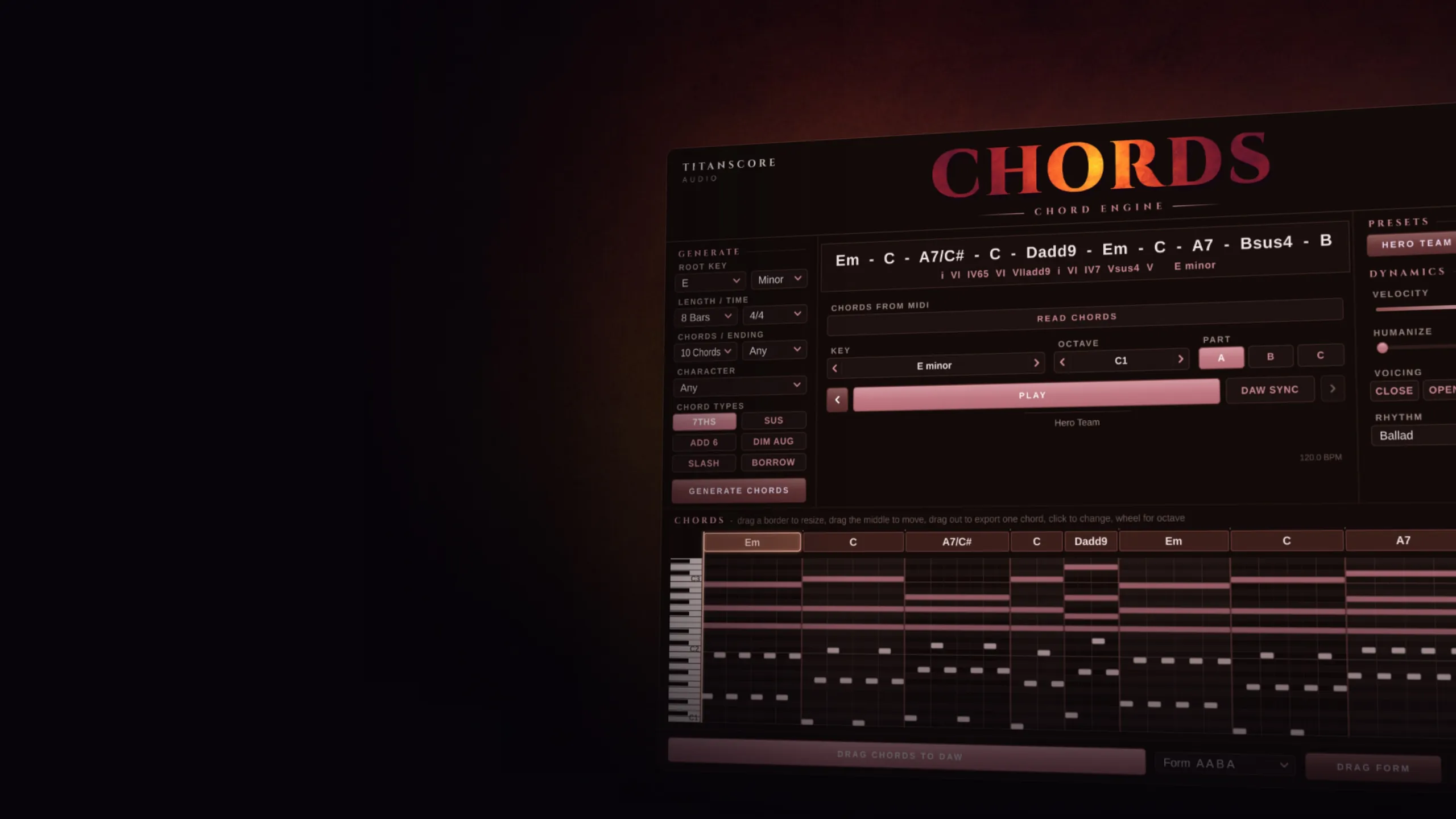 The Chords plugin window, the progression playing in the piano roll