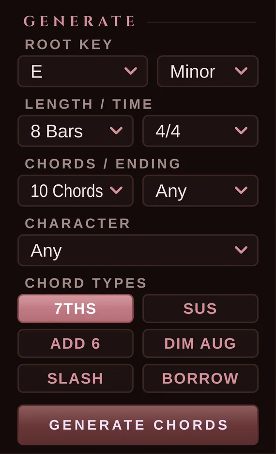Generate: root key, length and time, chords and ending, character and chord types