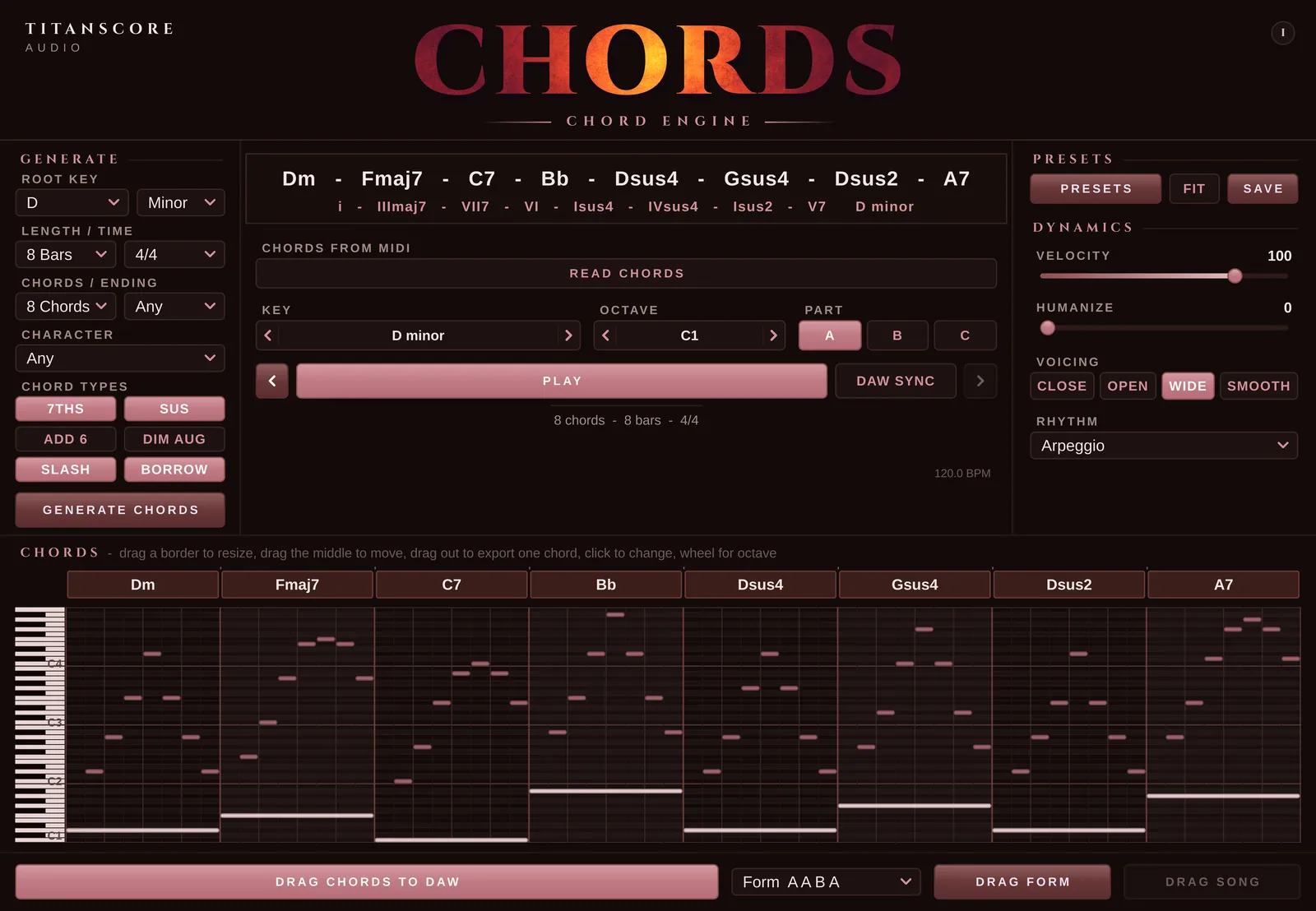 The Chords window with a newly generated progression in D minor