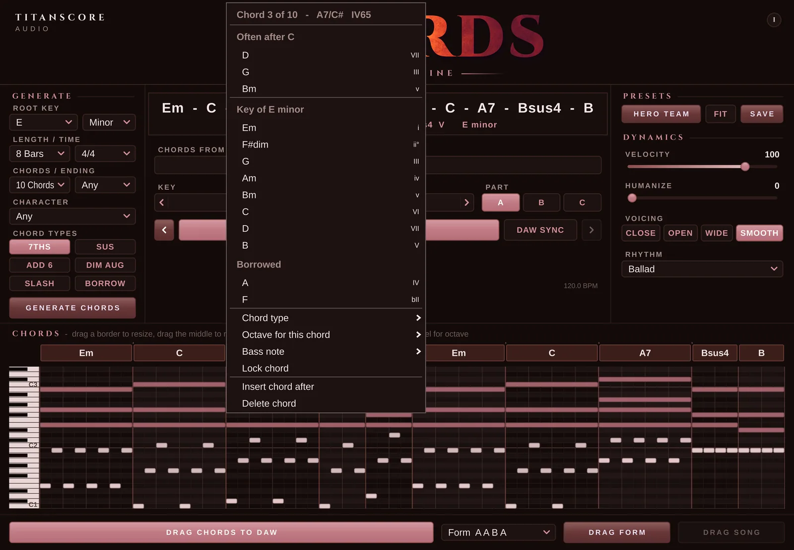 The chord menu open in the chord strip: chords that often follow, the chords of the key and the borrowed ones