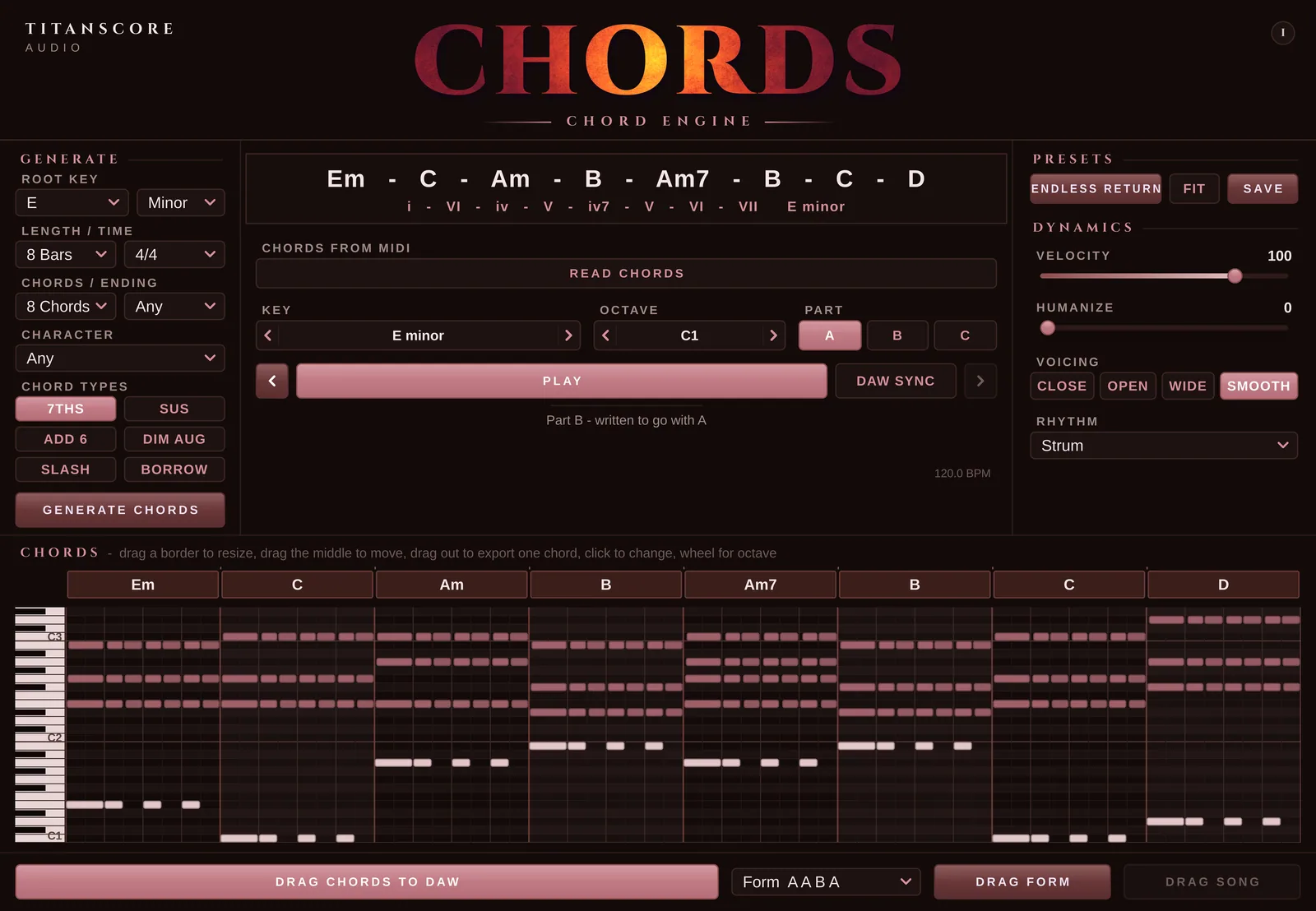 The Chords window with Part B written to go with Part A