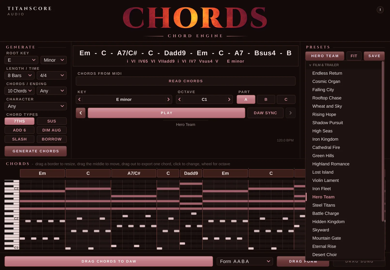 The preset menu open in Chords: Film & Trailer, Pop & Ballad, Hip Hop & R&B, EDM & Dance and Basics