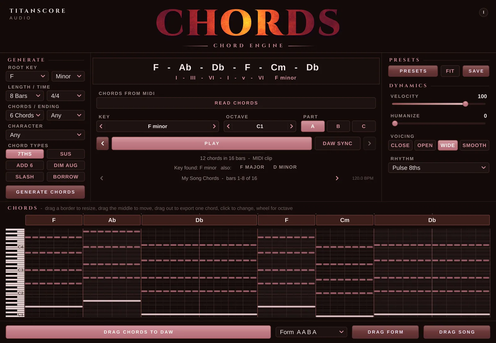 The Chords window after reading a song from MIDI, with the key it found